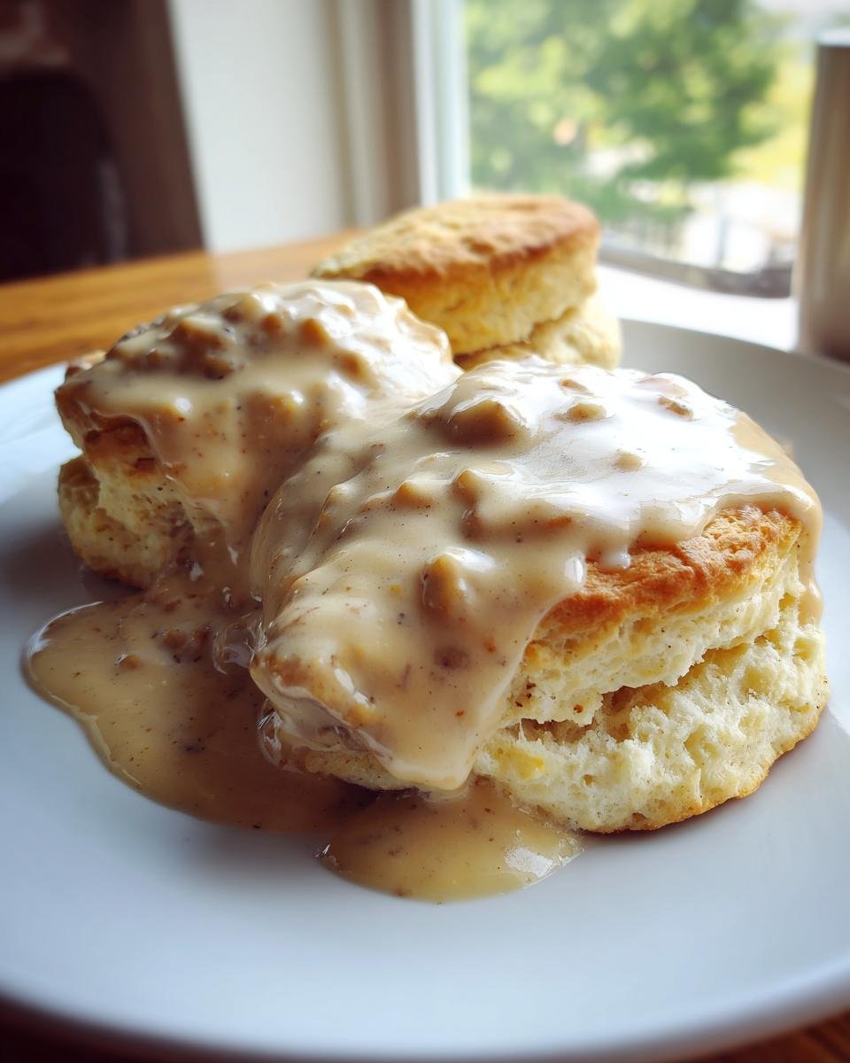 Close-up of fluffy biscuits generously topped with creamy, savory sausage gravy, part of an Irresistible Sausage Gravy and Biscuits Recipe Delight.