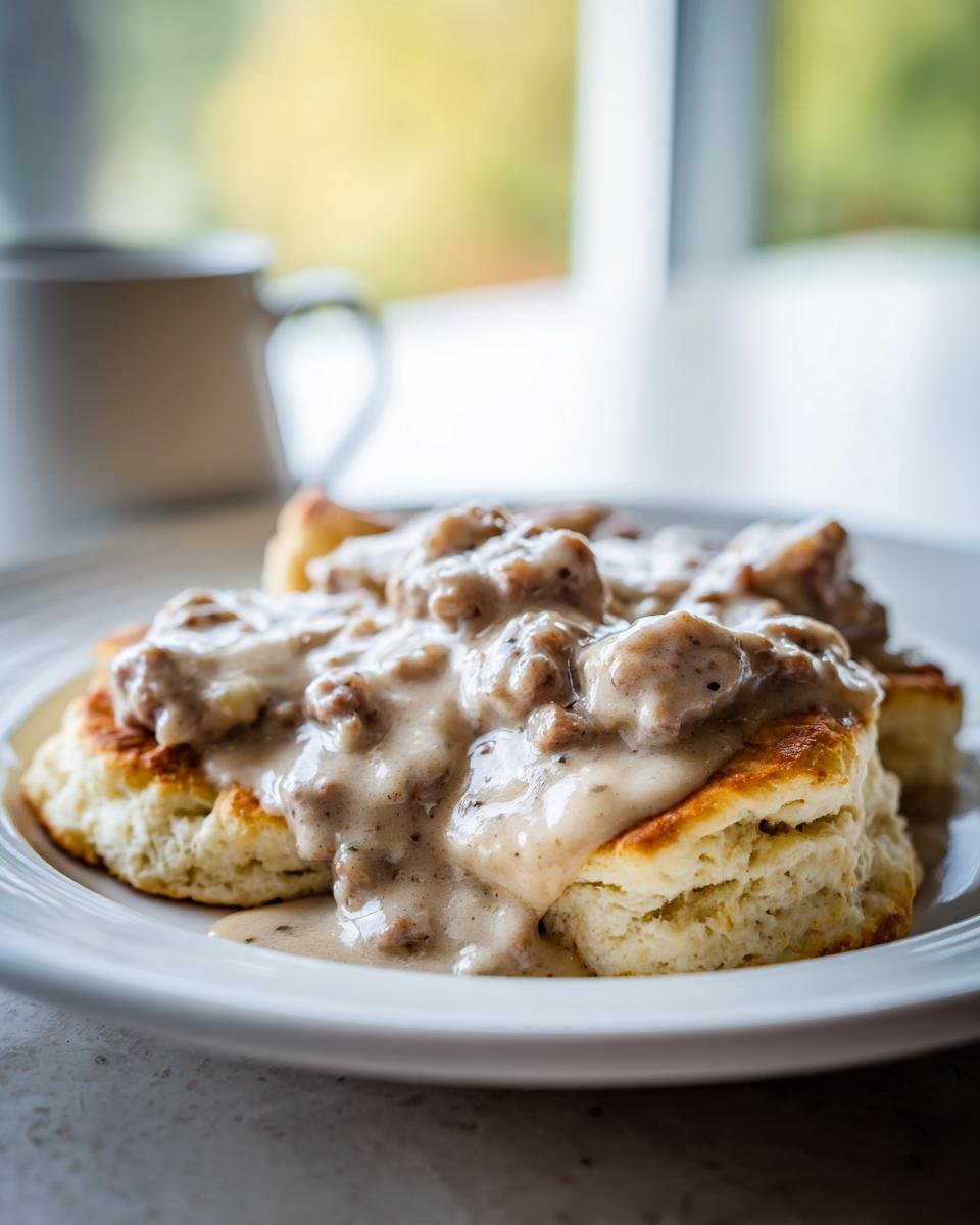 Close-up of fluffy biscuits smothered in creamy sausage gravy, part of an Irresistible Sausage Gravy and Biscuits Recipe Delight.