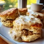 Close-up of fluffy biscuits generously topped with creamy sausage gravy, part of an Irresistible Sausage Gravy And Biscuits Recipe Delight.