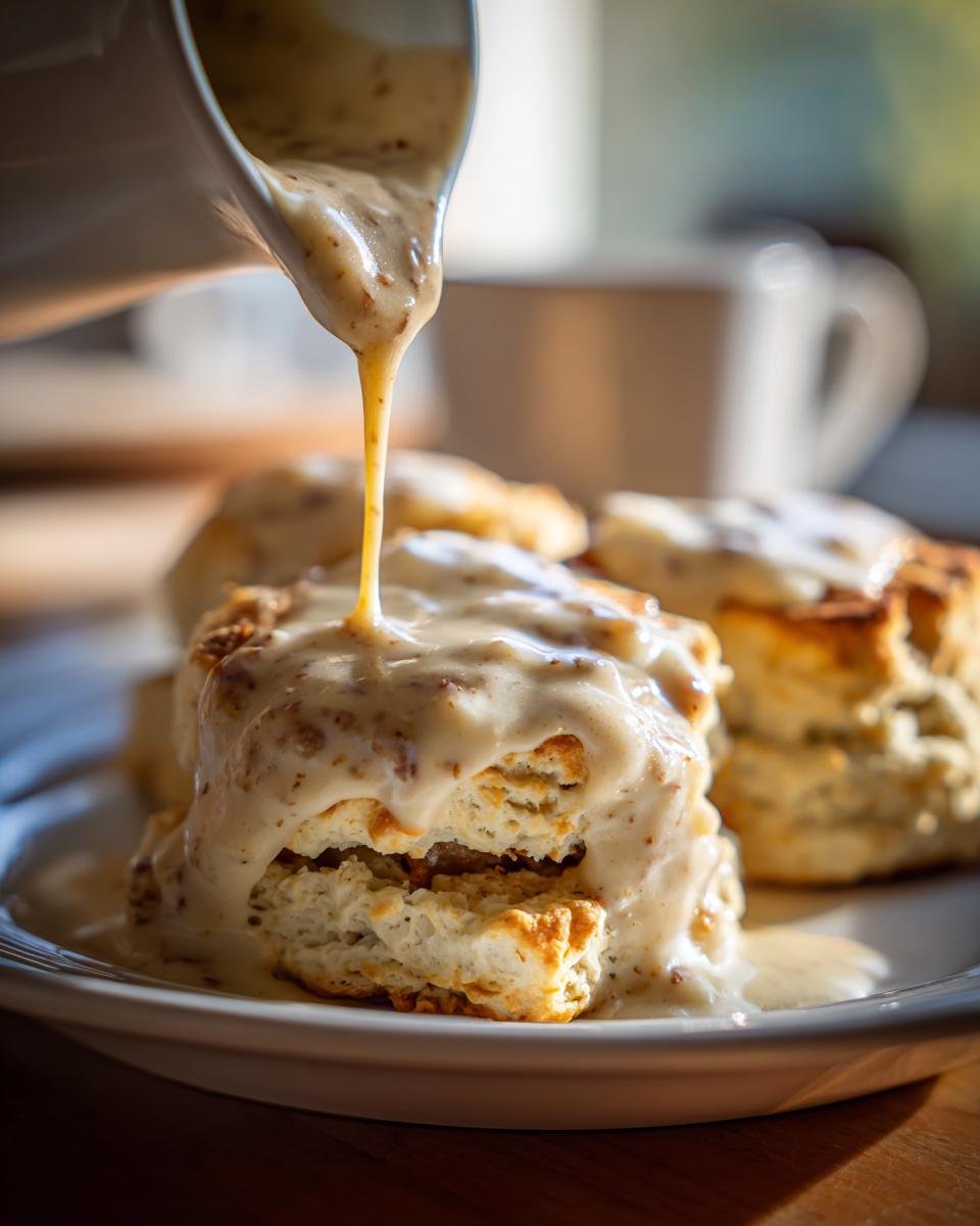 Pouring creamy sausage gravy over fluffy biscuits, an irresistible sausage gravy and biscuits delight.
