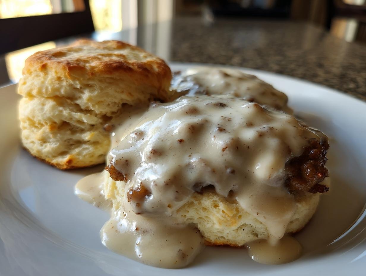 Close-up of fluffy biscuits topped with creamy, savory sausage gravy, a true Irresistible Sausage Gravy and Biscuits Delight.