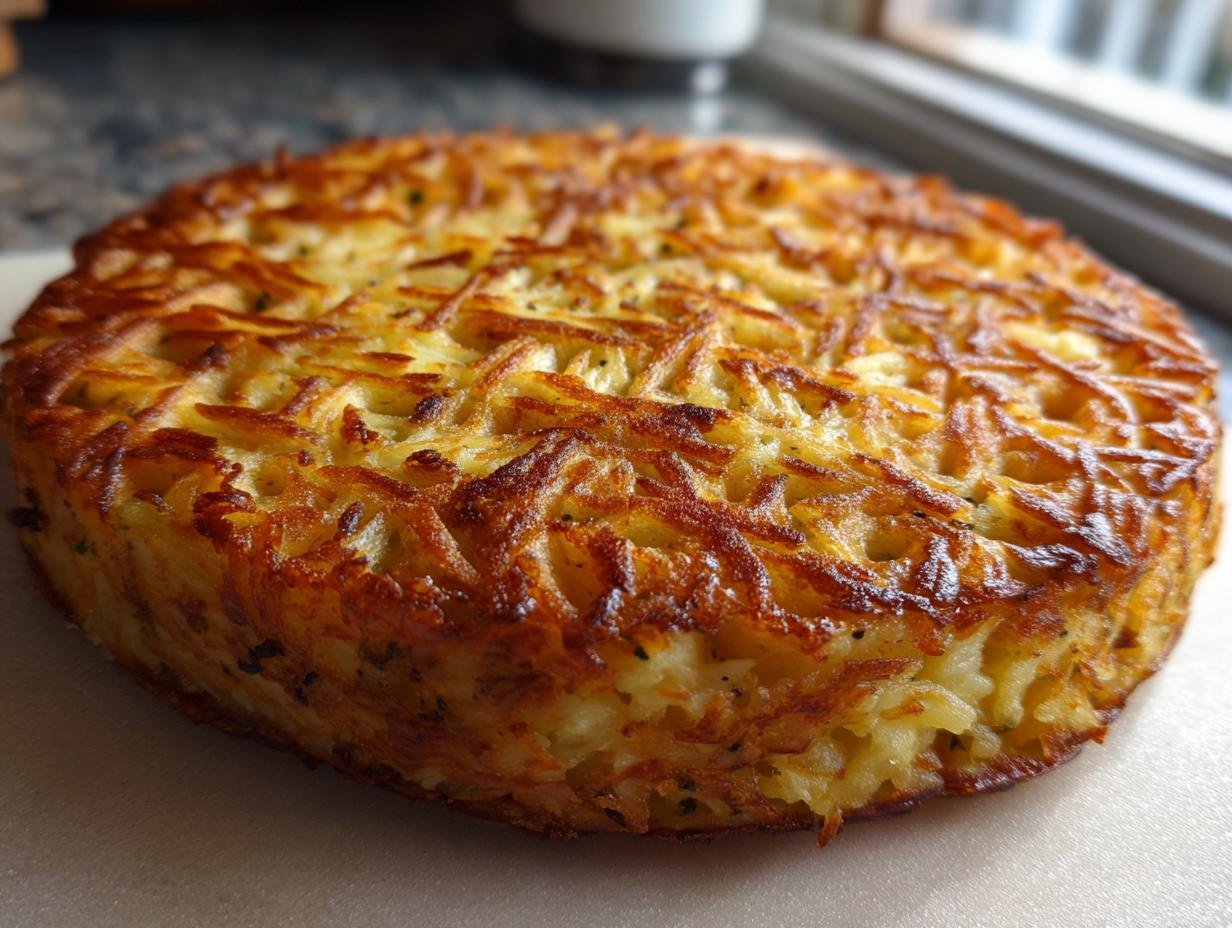 A golden-brown, round Irresistible Savory Hashbrown Chaffle with a crispy texture.