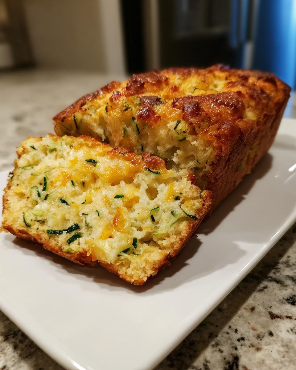 Close-up of a sliced Irresistible Savory Zucchini Cheddar Quick Bread on a white plate, showing shredded zucchini and melted cheddar cheese.