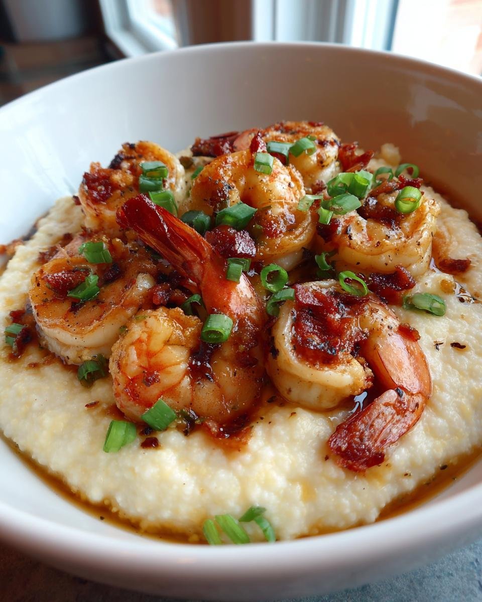 A close-up of Irresistible Shrimp and Grits, featuring plump, seasoned shrimp atop creamy grits, garnished with bacon and scallions.