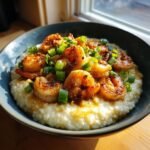 A close-up of a bowl of creamy grits topped with seasoned, perfectly cooked shrimp and chopped green onions.