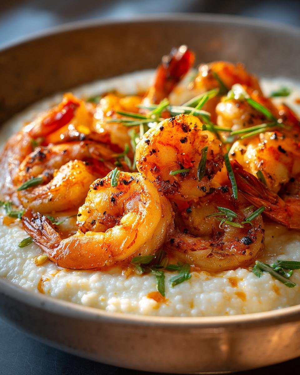 Close-up of Irresistible Shrimp and Grits, featuring plump, seasoned shrimp served over creamy grits and garnished with herbs.