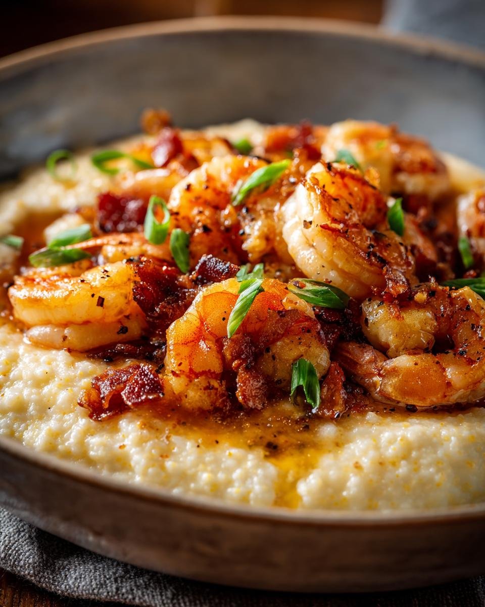 Close-up of Irresistible Shrimp and Grits Recipe, featuring plump, seasoned shrimp and crispy bacon over creamy grits, garnished with green onions.