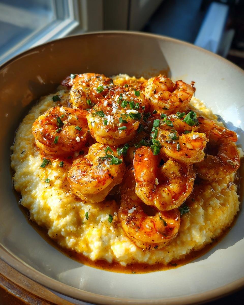 A close-up of Irresistible Shrimp and Grits, featuring plump, seasoned shrimp atop creamy grits, garnished with chives and cheese.