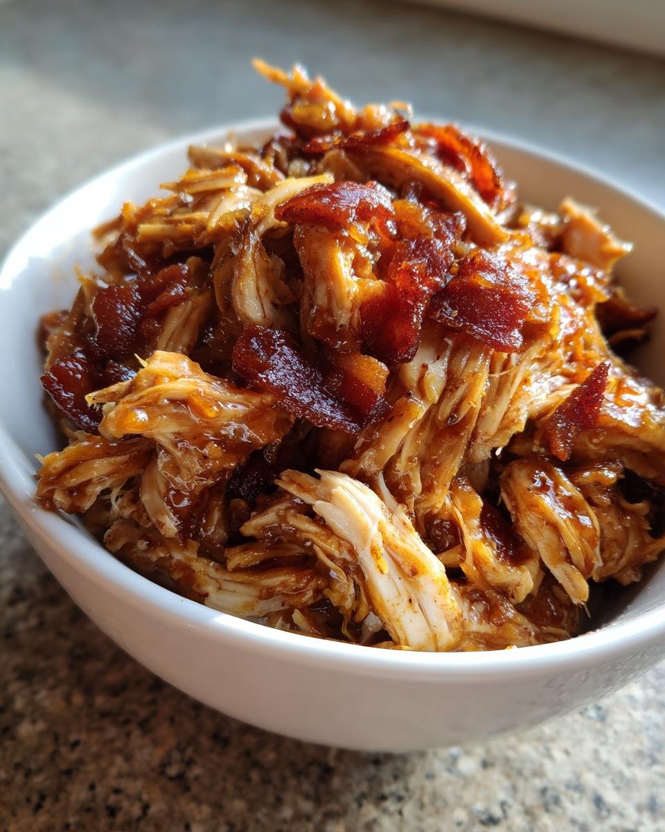 A close-up of shredded Irresistible Slow Cooker Bacon Brown Sugar Garlic Chicken in a white bowl, topped with crispy bacon pieces.