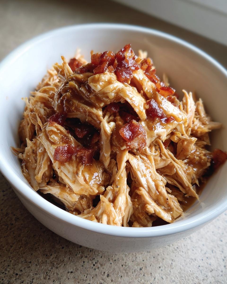 Close-up of shredded Irresistible Slow Cooker Bacon Brown Sugar Garlic Chicken topped with crispy bacon bits in a white bowl.