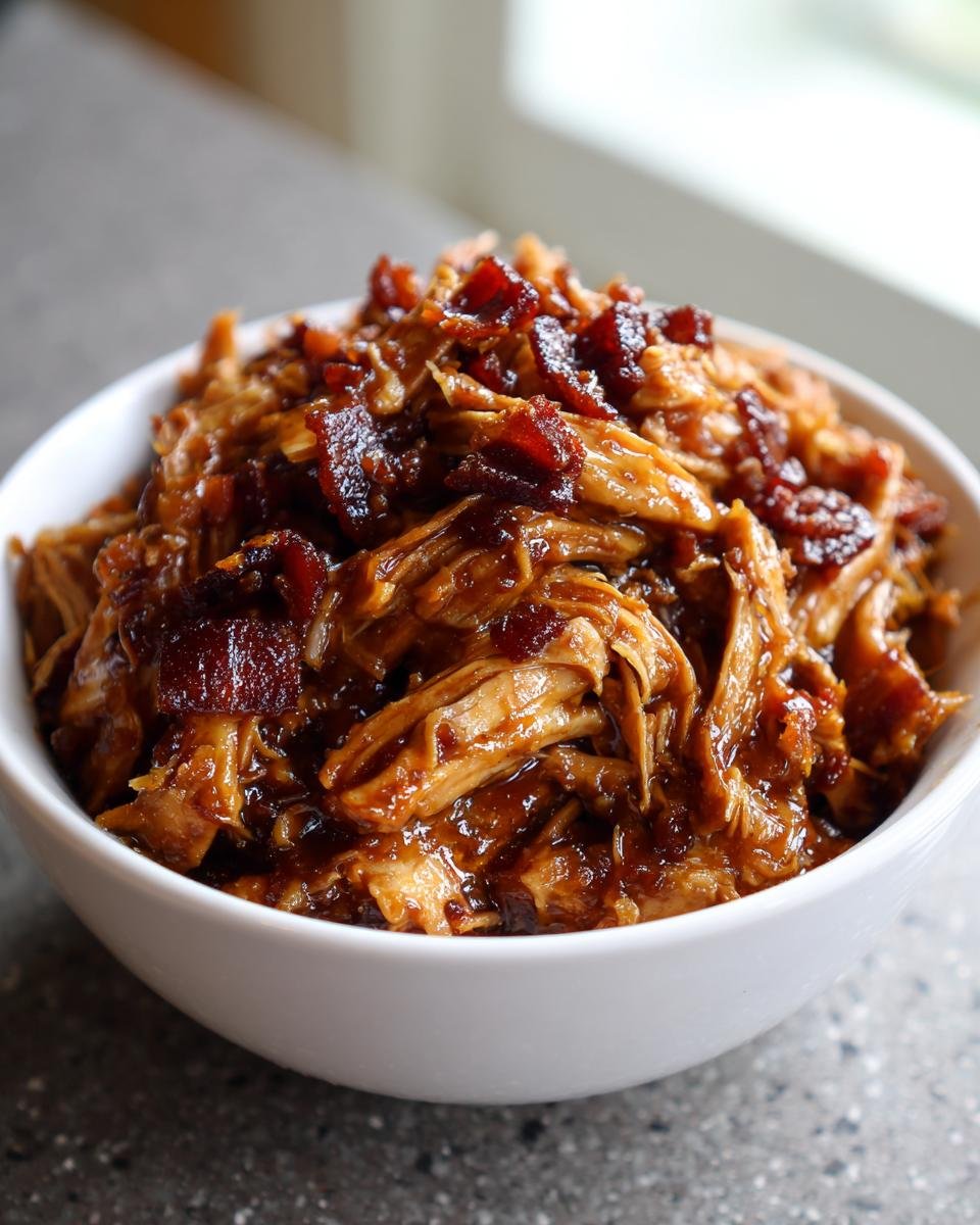 A bowl of shredded Irresistible Slow Cooker Bacon Brown Sugar Garlic Chicken topped with crispy bacon bits.