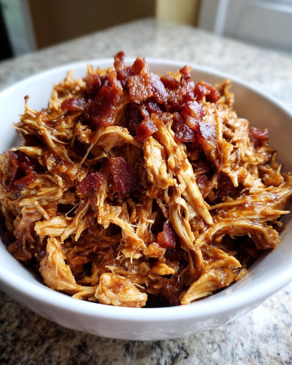 Close-up of shredded Irresistible Slow Cooker Bacon Brown Sugar Garlic Chicken topped with crispy bacon bits in a white bowl.