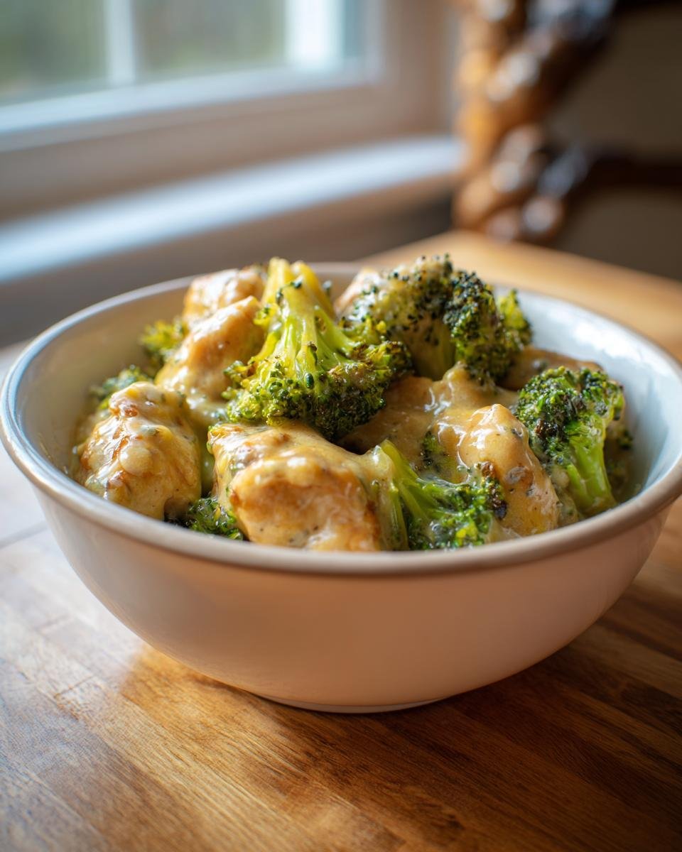 A bowl filled with Irresistible Slow Cooker Chicken and Broccoli in a creamy sauce.