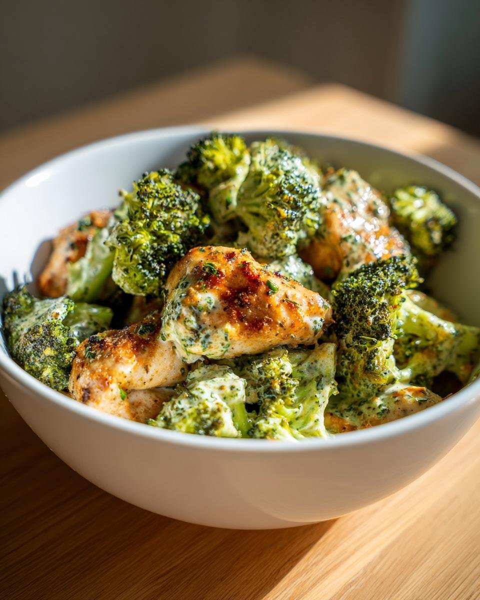 A white bowl filled with Irresistible Slow Cooker Chicken and Broccoli in a creamy sauce.