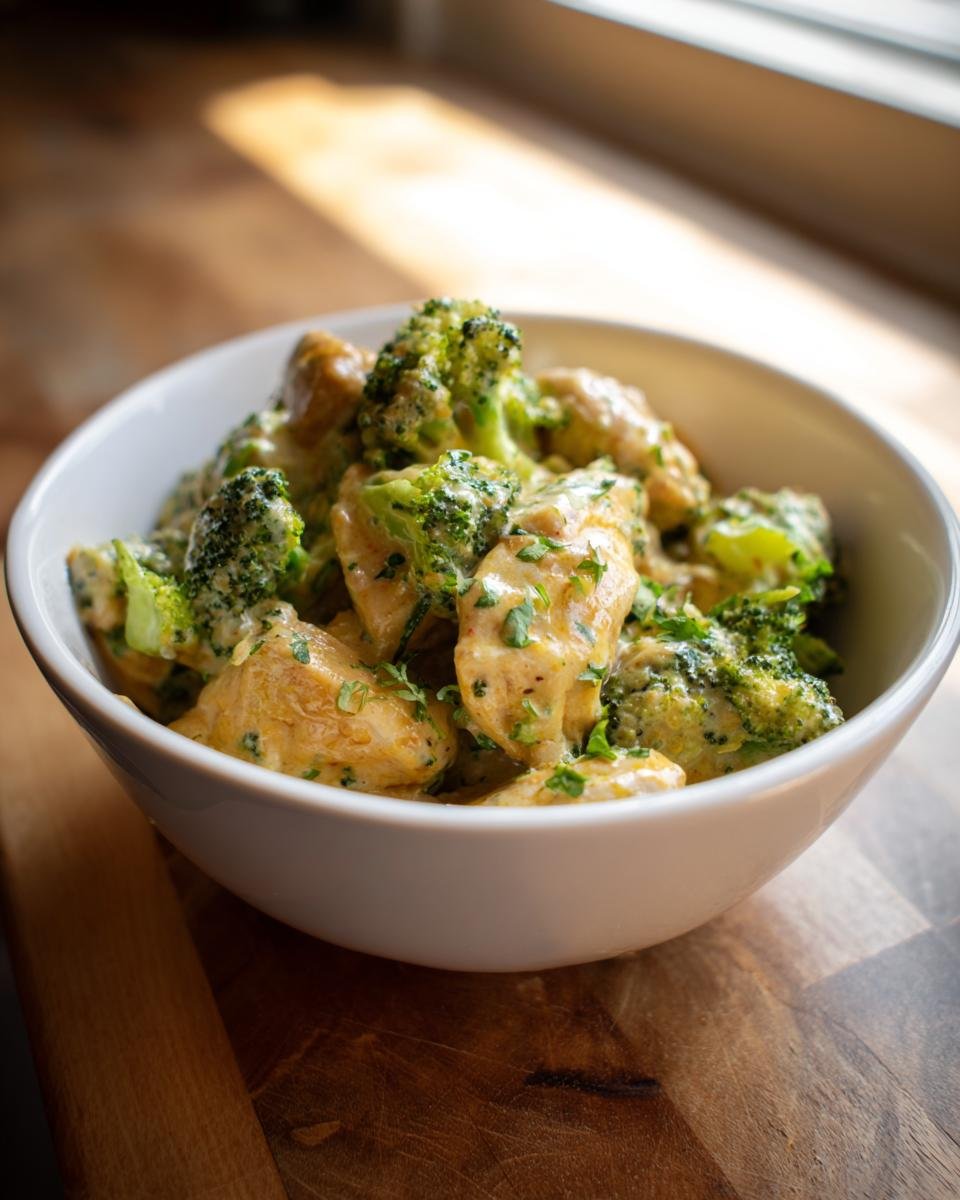 A white bowl filled with Irresistible Slow Cooker Chicken and Broccoli in a creamy sauce, garnished with herbs.