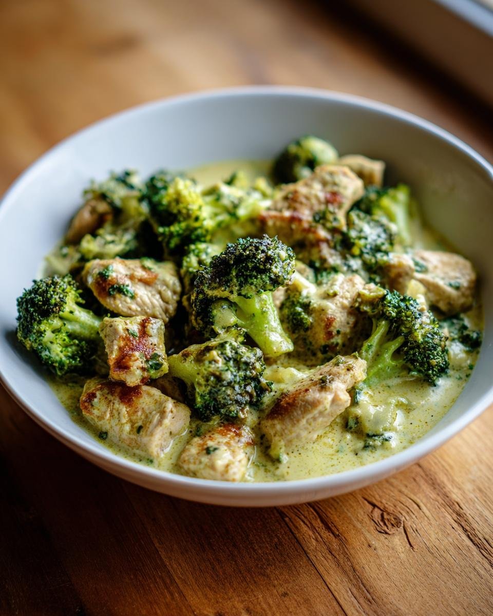 A bowl of Irresistible Slow Cooker Chicken and Broccoli in a creamy sauce, served on a wooden table.
