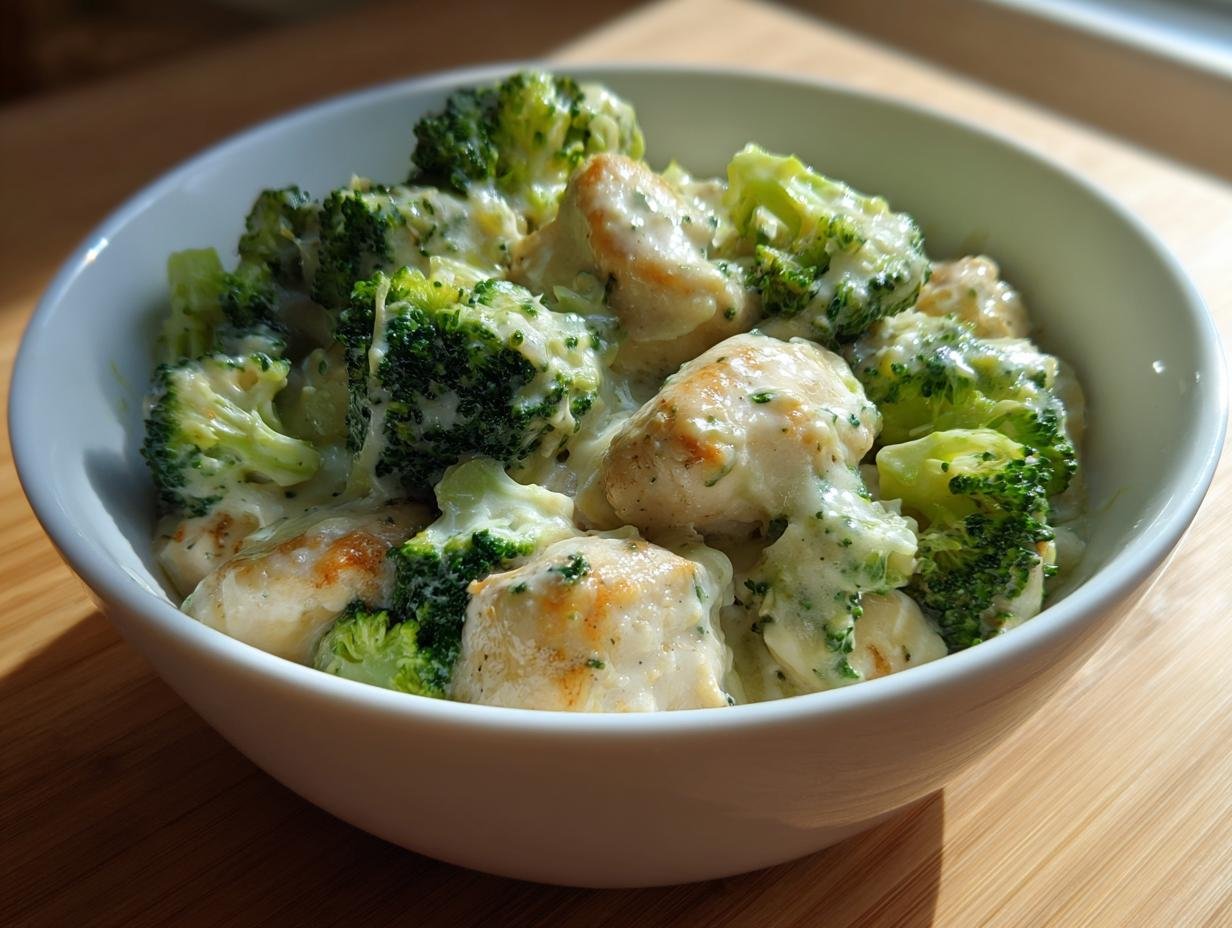 A white bowl filled with creamy Irresistible Slow Cooker Chicken and Broccoli, garnished with herbs.