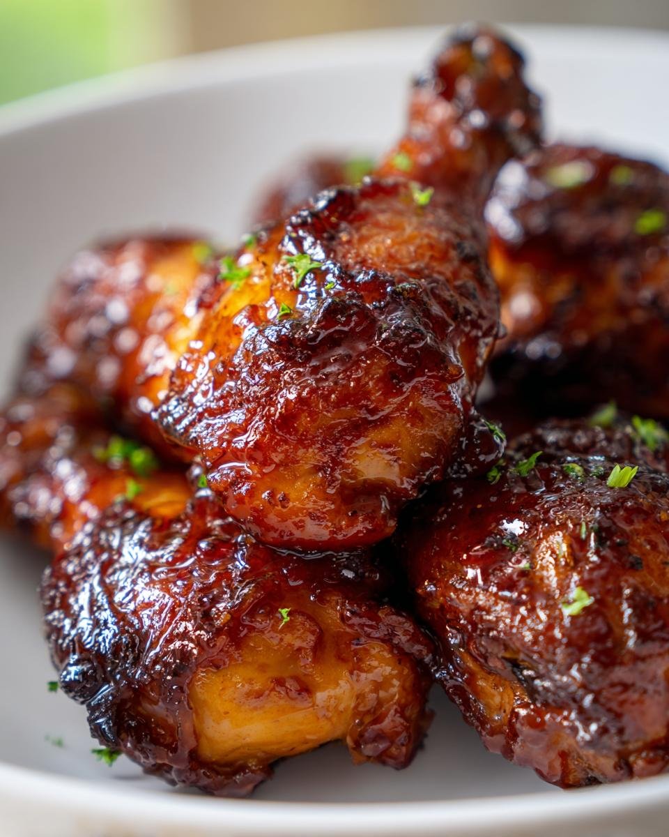 Close-up of glossy, glazed Irresistible Slow Cooker Honey Garlic Chicken Legs, garnished with parsley.