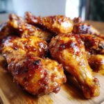 Close-up of glistening Irresistible Slow Cooker Honey Garlic Chicken Legs piled on a wooden board.