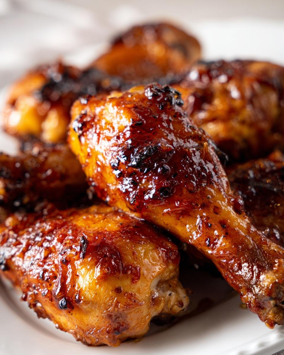 Close-up of glistening, caramelized Irresistible Slow Cooker Honey Garlic Chicken Legs on a white plate.