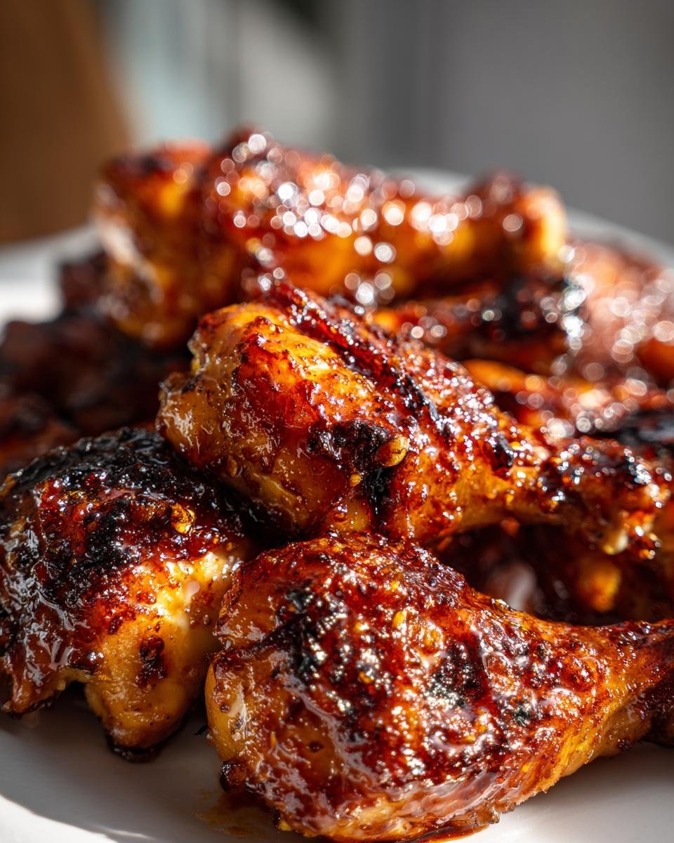 Close-up of glistening, caramelized Irresistible Slow Cooker Honey Garlic Chicken Legs piled high on a white plate.