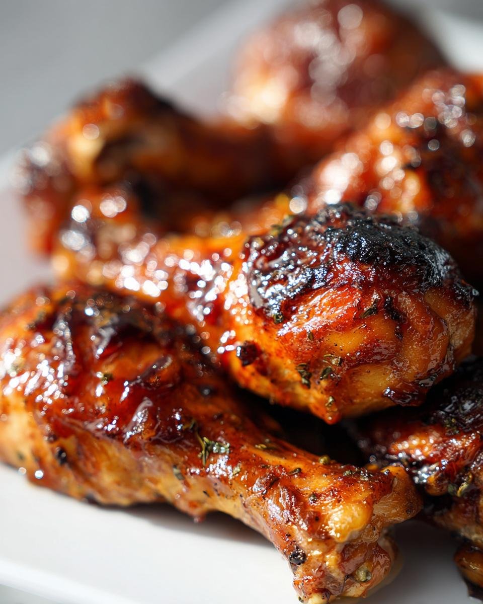 Close-up of glistening, baked Irresistible Slow Cooker Honey Garlic Chicken Legs on a white plate, sprinkled with herbs.