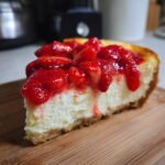 A close-up of a slice of Irresistible Strawberry Cheesecake, topped with fresh strawberries and sauce.