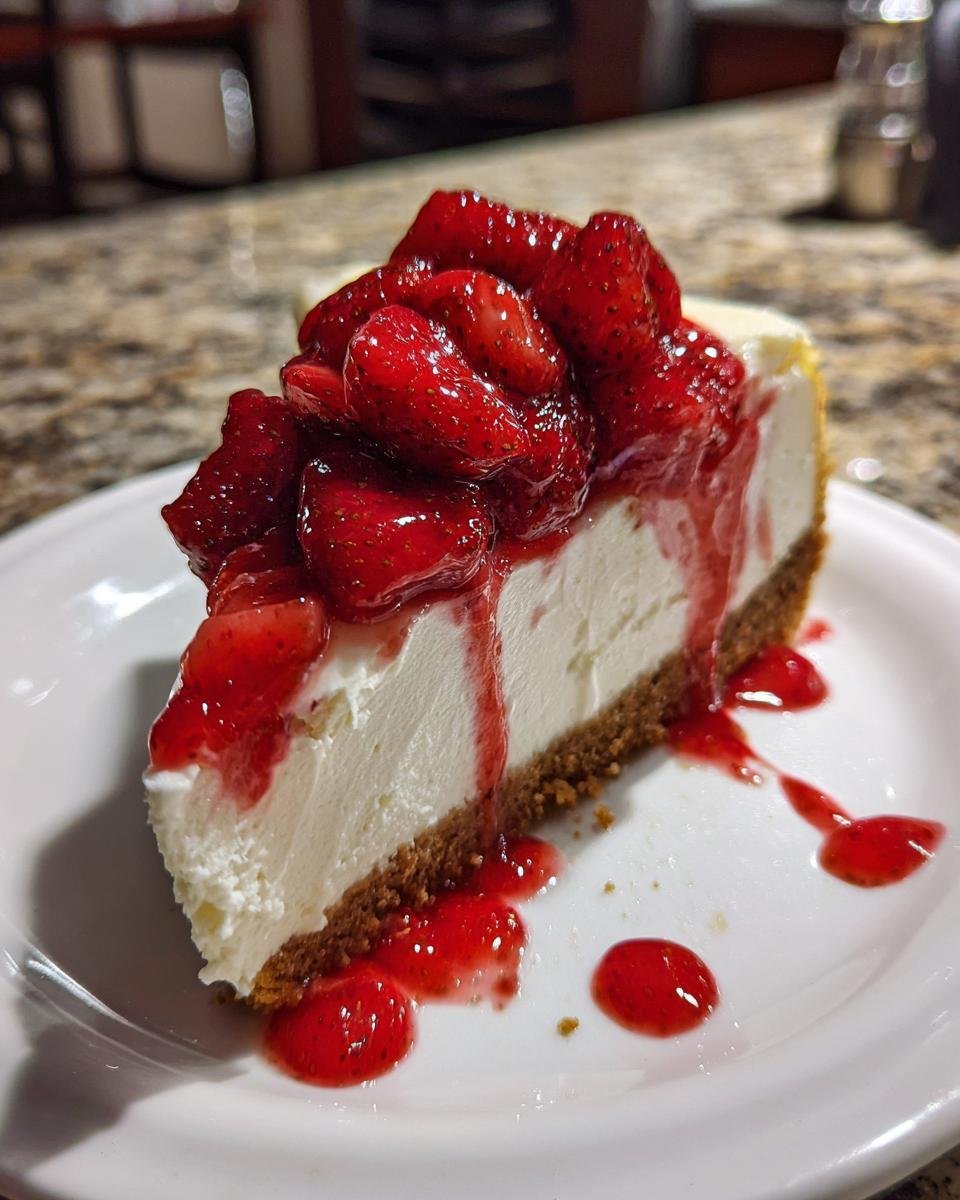 A decadent slice of Irresistible Strawberry Cheesecake Recipe, topped with fresh strawberries and strawberry sauce.