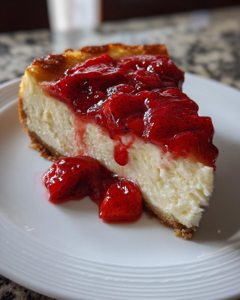 A slice of irresistible strawberry cheesecake with a graham cracker crust and fresh strawberry topping.