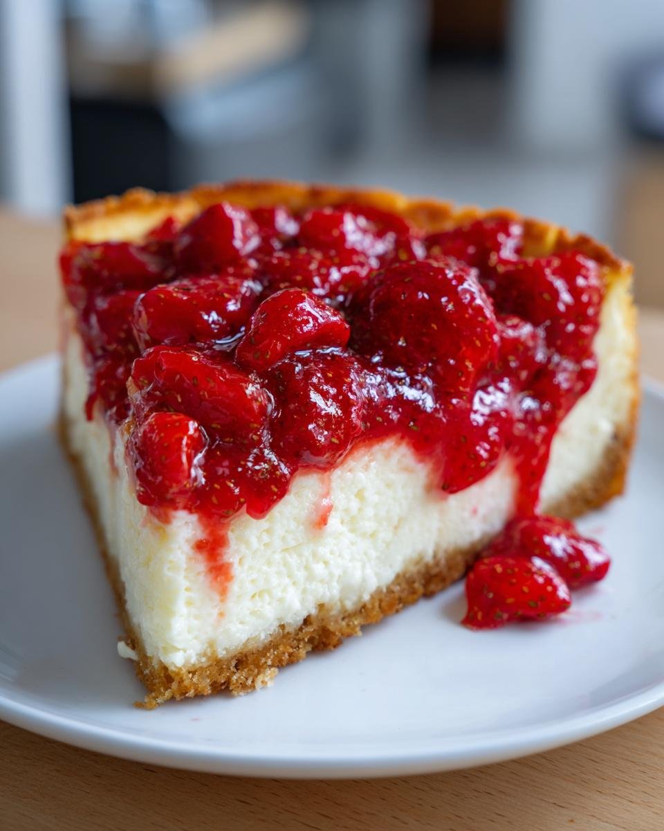 A slice of irresistible strawberry cheesecake with a graham cracker crust and fresh strawberry topping.