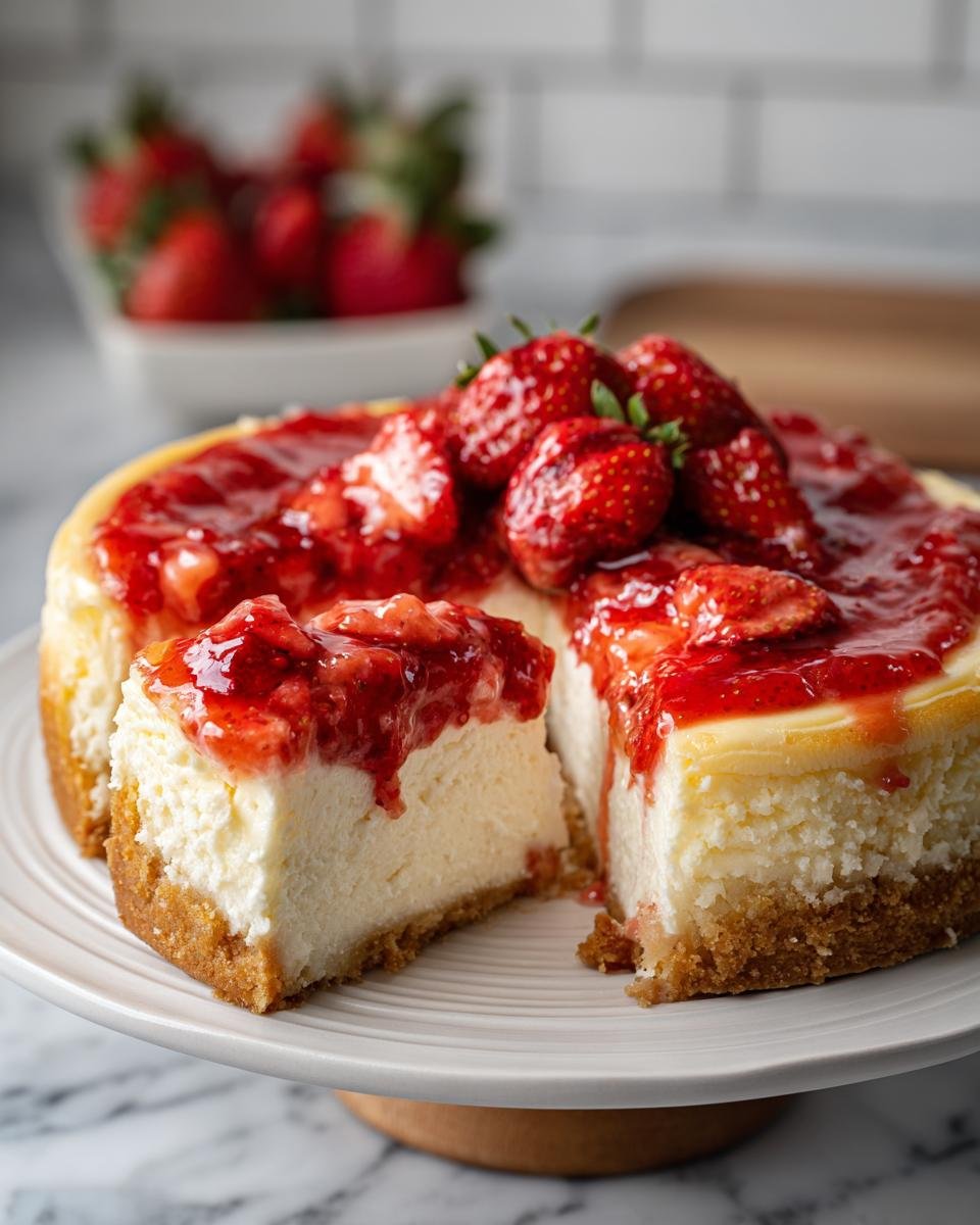 A slice of irresistible strawberry cheesecake with a graham cracker crust and fresh strawberry topping.