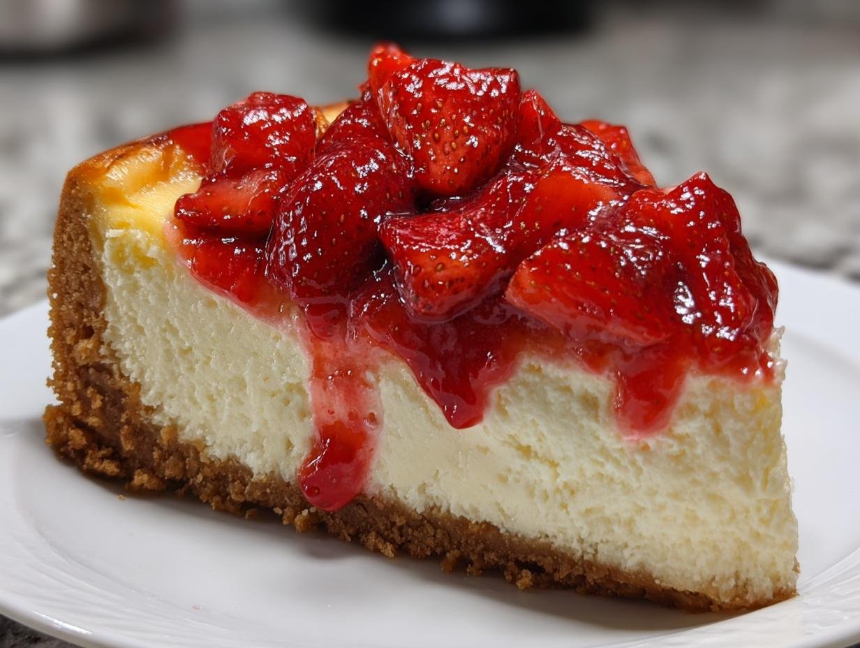 A perfect slice of Irresistible Strawberry Cheesecake Recipe, topped with fresh strawberries and glossy syrup.