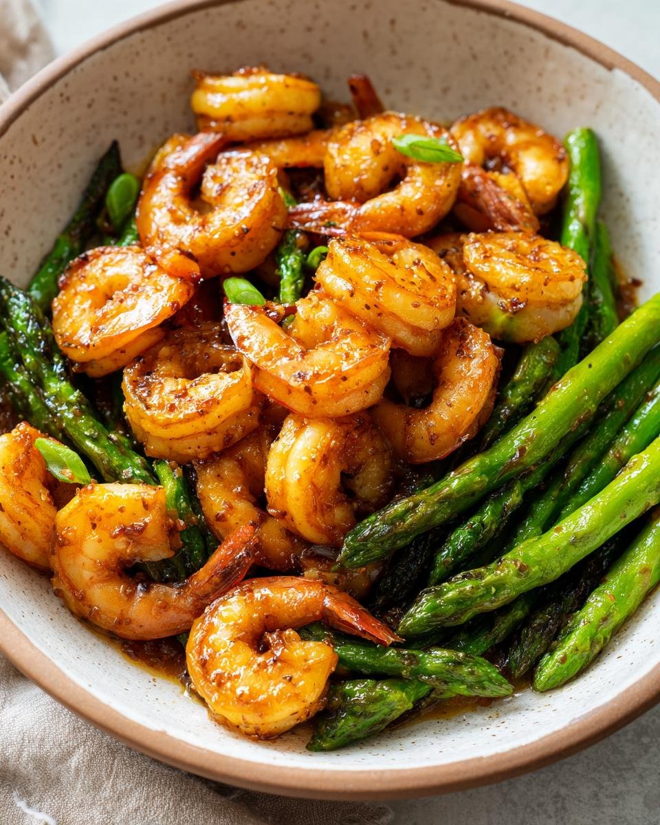 Close-up of Irresistible Sweet Chili Shrimp with Asparagus in a bowl, glistening with sauce.