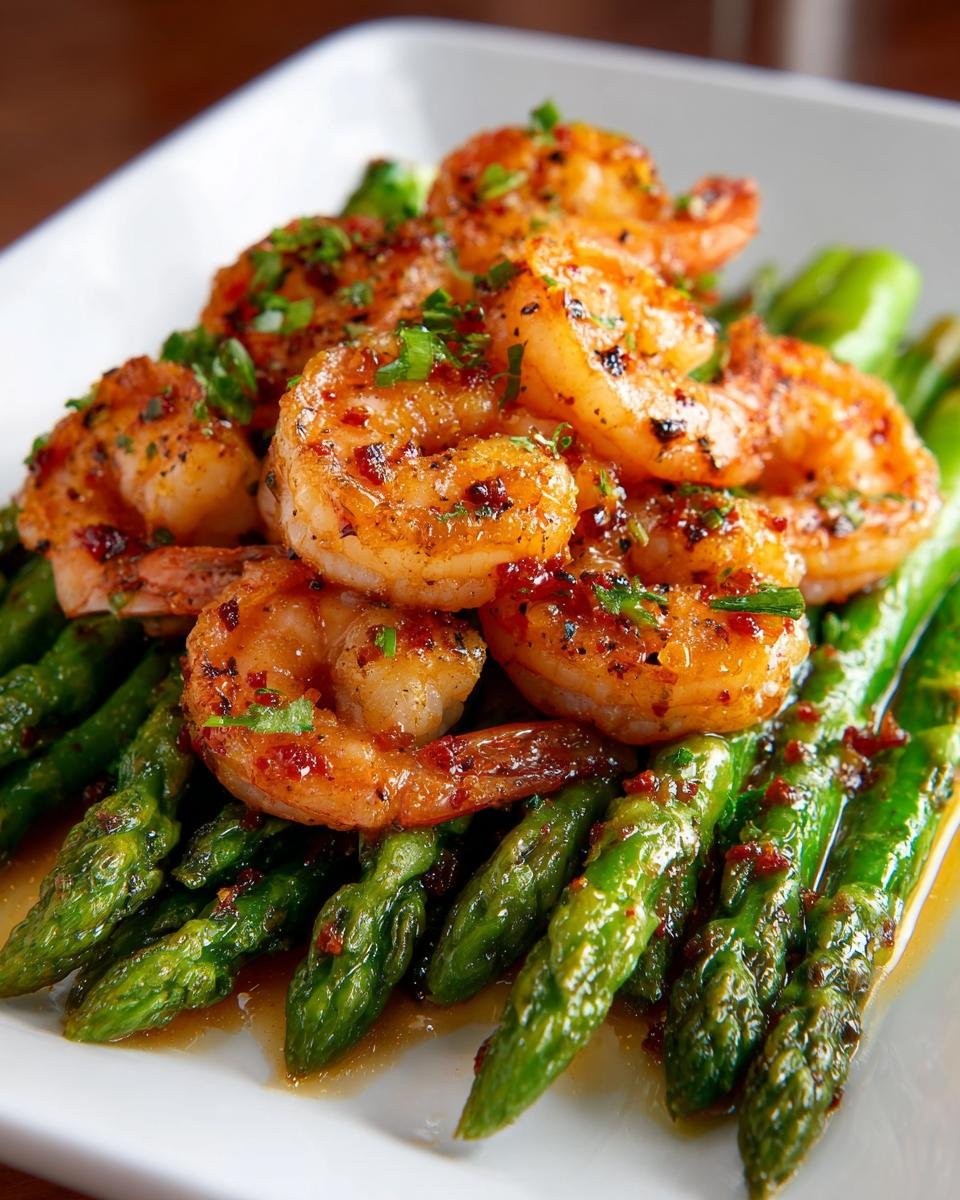 A close-up of Irresistible Sweet Chili Shrimp served over bright green asparagus spears, garnished with chopped herbs.