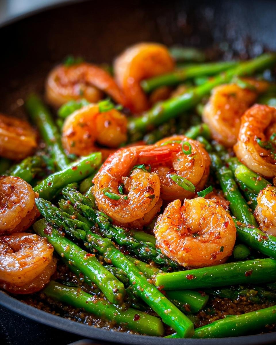 Close-up of Irresistible Sweet Chili Shrimp With Asparagus cooked in a pan, glistening with sauce and garnished with green onions.
