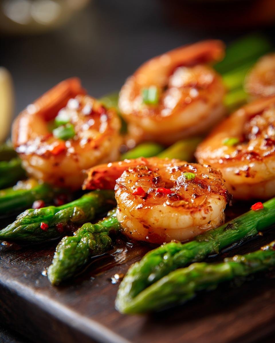 Close-up of irresistible sweet chili shrimp served with vibrant green asparagus on a wooden board.