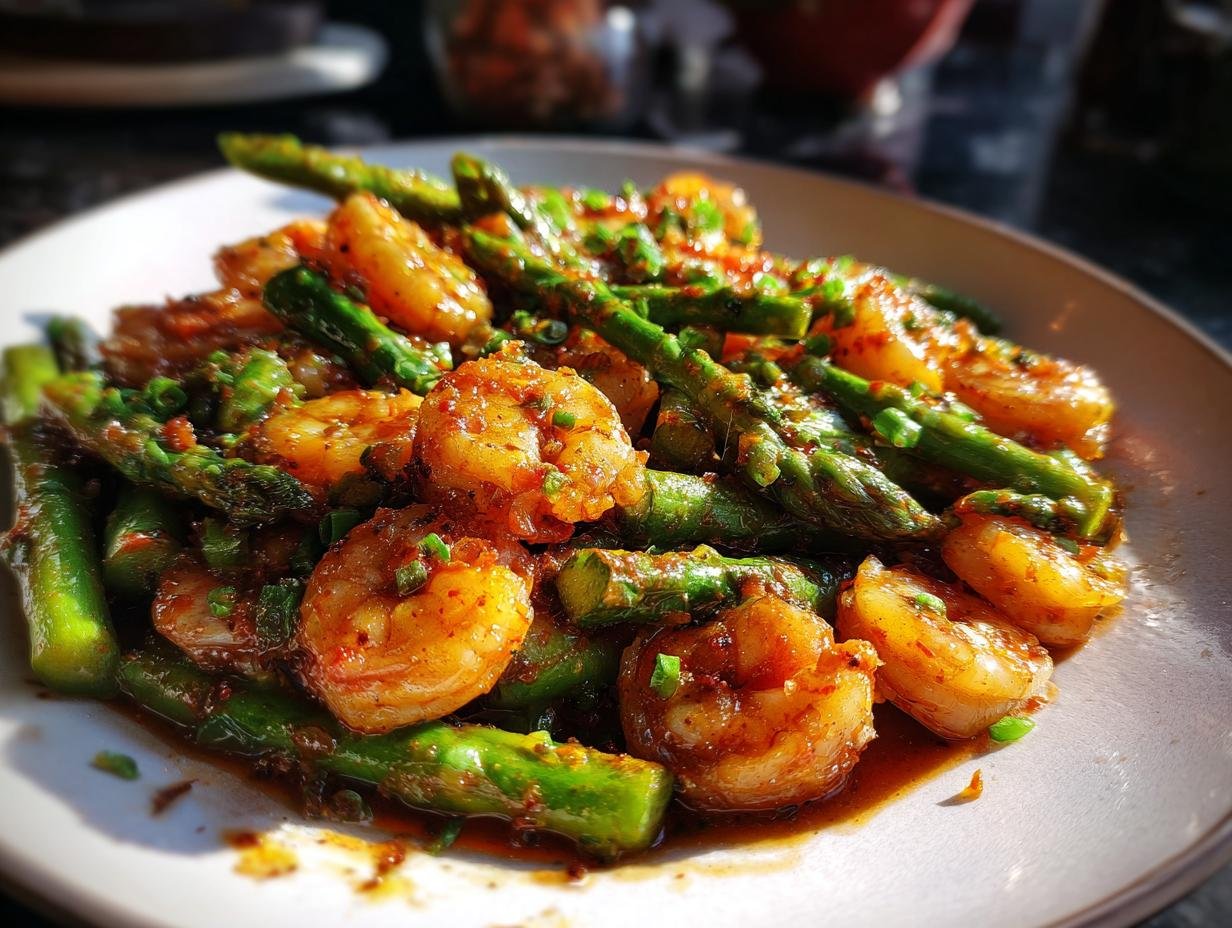 Close-up of Irresistible Sweet Chili Shrimp With Asparagus, coated in a glossy sauce and garnished with green onions.