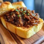A close-up of an Irresistible Texas Toast Sloppy Joe, generously filled with savory meat sauce and garnished with parsley.