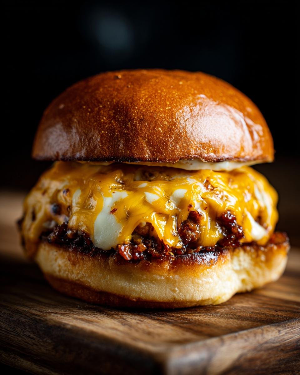 Close-up of an Irresistible Texas Toast Sloppy Joe sandwich with melted cheddar cheese on a wooden board.