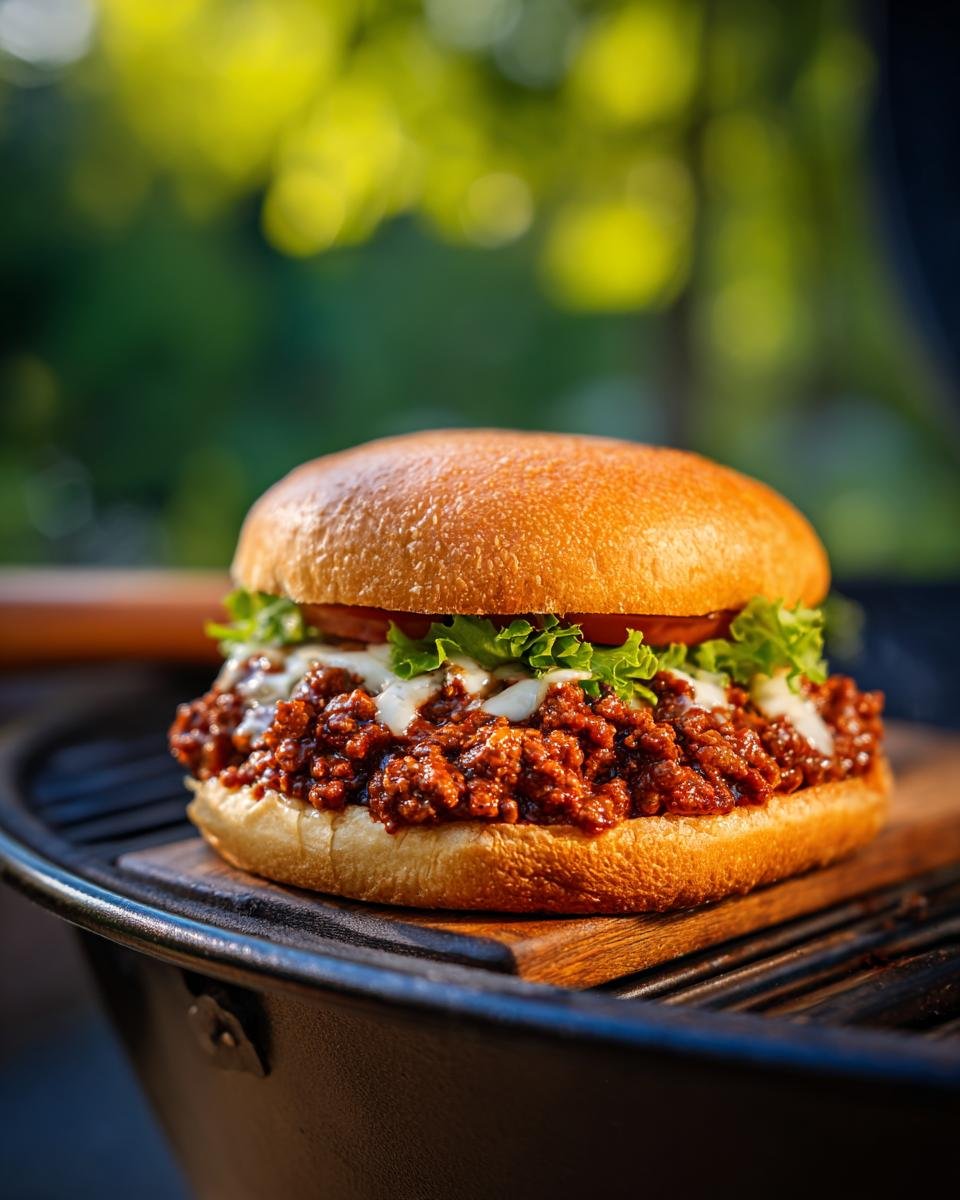 A close-up of an Irresistible Texas Toast Sloppy Joe sandwich with lettuce and sauce, sitting on a wooden board on a grill.