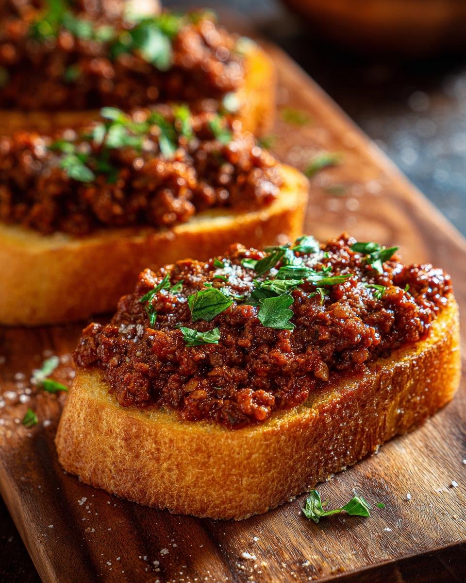 Close-up of an Irresistible Texas Toast Sloppy Joe topped with savory ground meat mixture and fresh parsley.