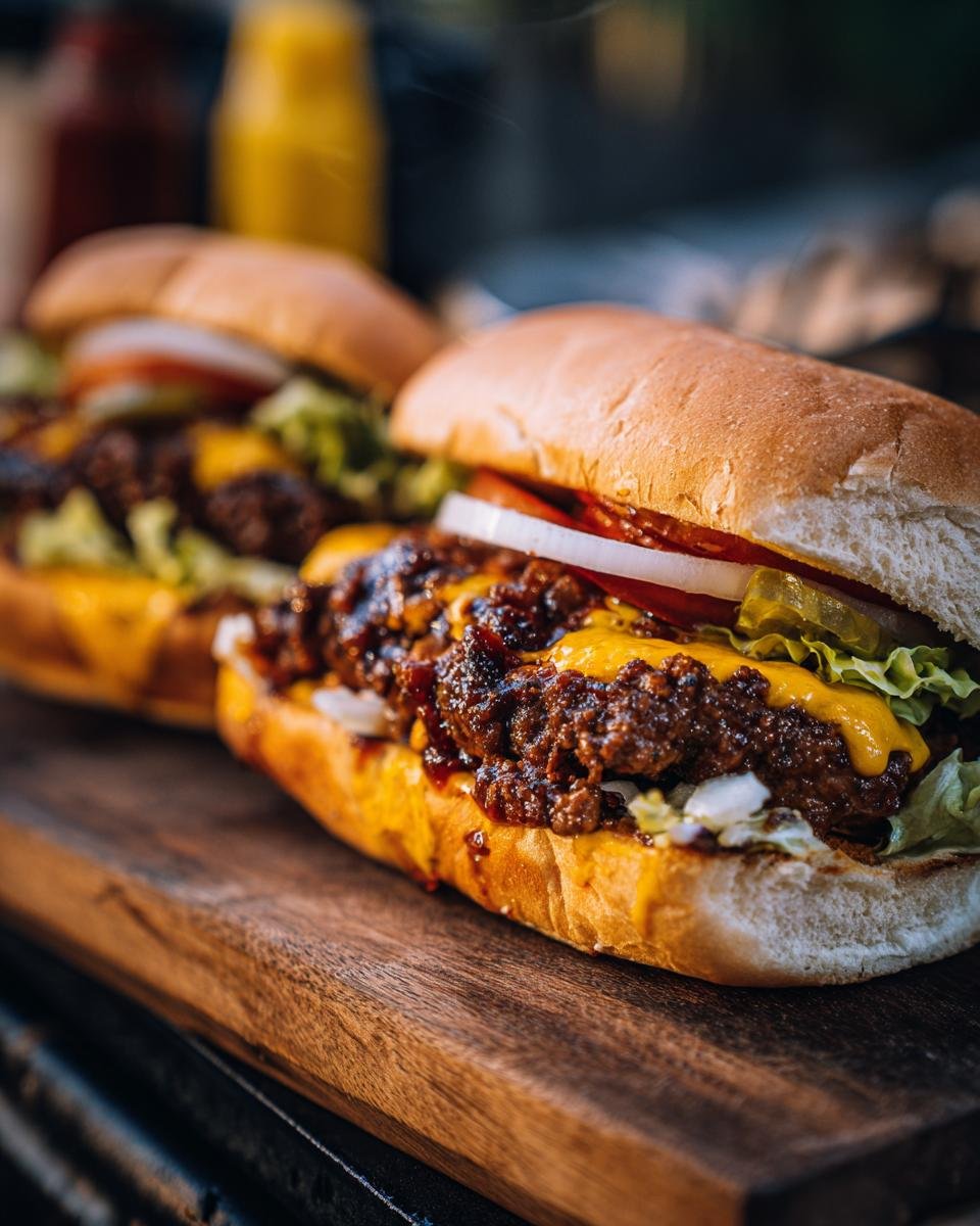 Two Irresistible Texas Toast Sloppy Joes piled high with meat, cheese, lettuce, tomato, and onion on a wooden board.