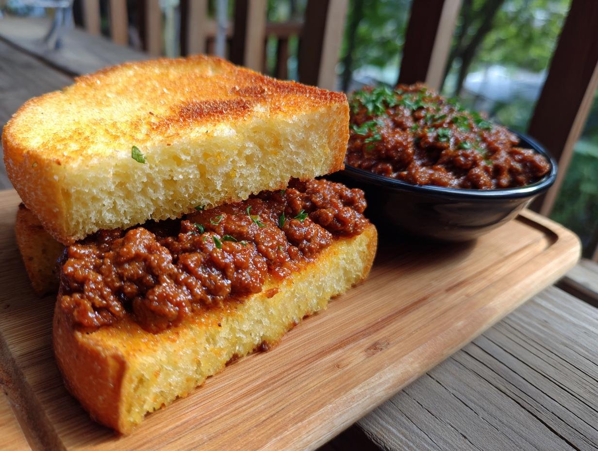 Two halves of toasted Texas toast topped with a generous portion of Irresistible Texas Toast Sloppy Joes mixture.