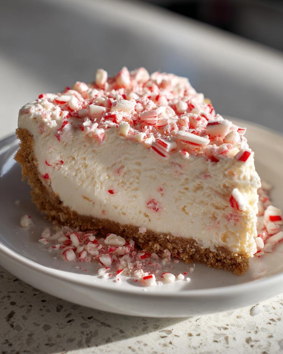 A slice of Irresistible White Chocolate Peppermint Cheesecake Mousse Pie topped with crushed candy canes.