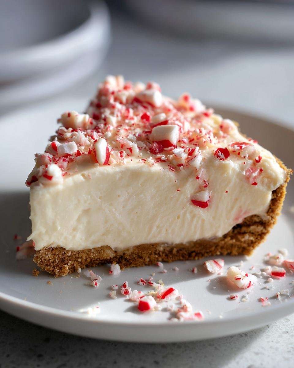 A slice of Irresistible White Chocolate Peppermint Cheesecake Mousse Pie topped with crushed candy canes.
