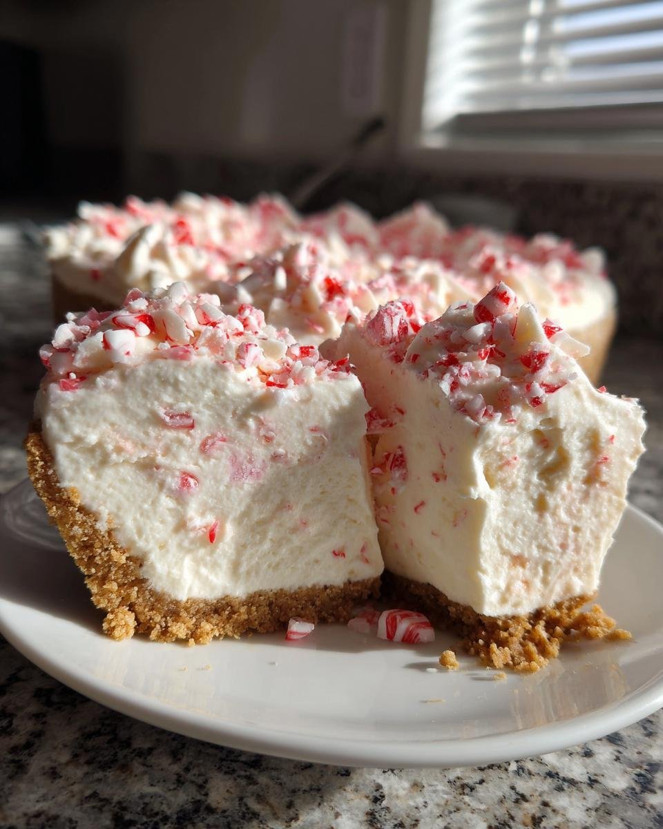 A slice of Irresistible White Chocolate Peppermint Cheesecake Mousse Pie on a white plate, topped with crushed candy canes.