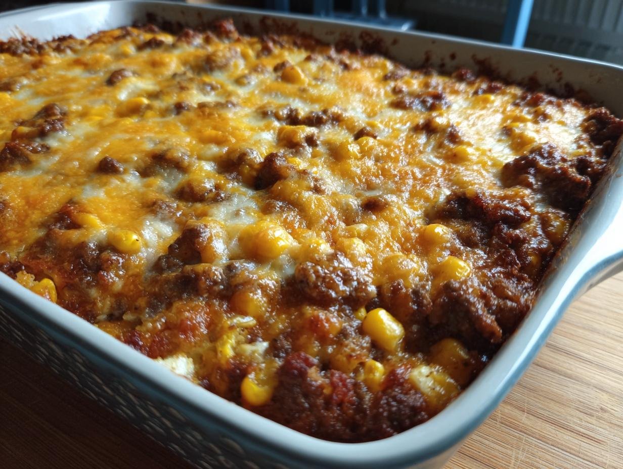A close-up of a bubbly Loaded Cheddar Ranch Beef and Sweet Corn Bake in a baking dish, topped with melted cheese.