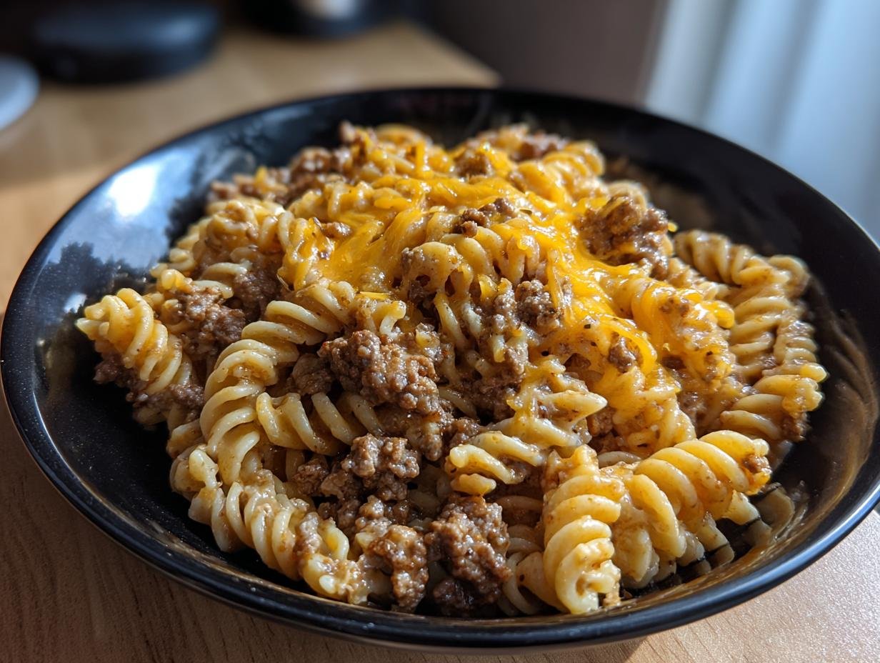 A close-up of a black bowl filled with One Pot Beef Cheddar Ranch Pasta, topped with melted cheddar cheese.