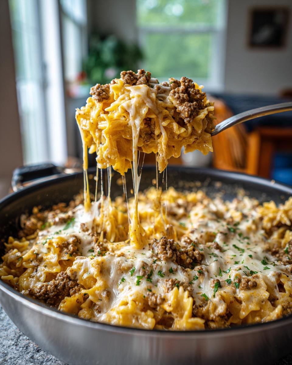 A spoonful of One Pot Beef Cheddar Ranch Pasta showing a delicious cheese pull, with the pasta dish in the background.