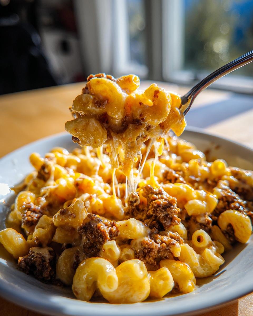 A fork lifts a cheesy bite of One Pot Beef Cheddar Ranch Pasta, showing melted cheese strings.
